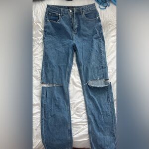 White Fox Boutique Blue Straight Leg Jeans with Distressed Knees